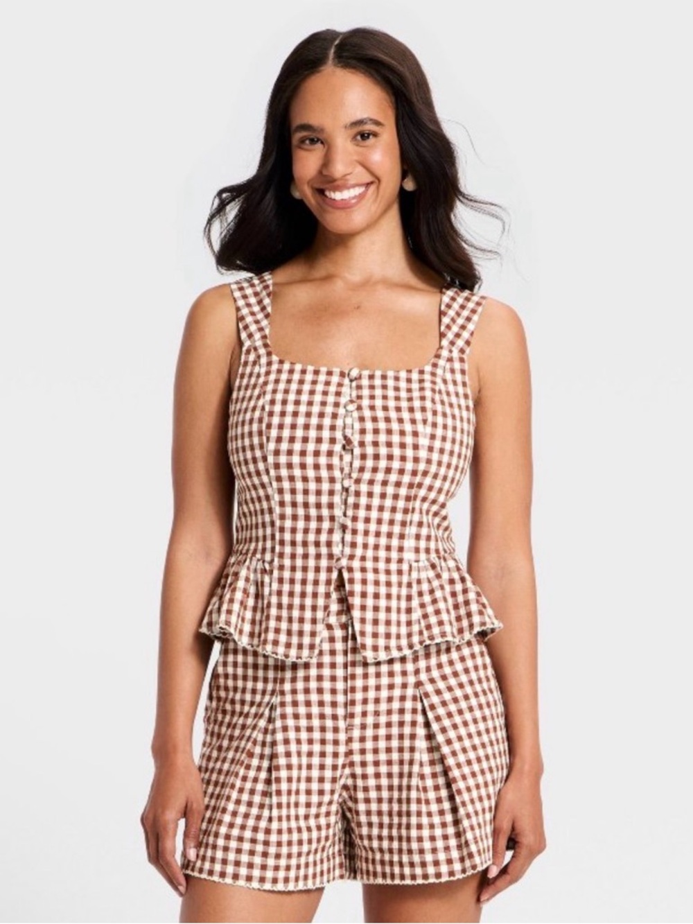 Brown & White Gingham Peplum Tank